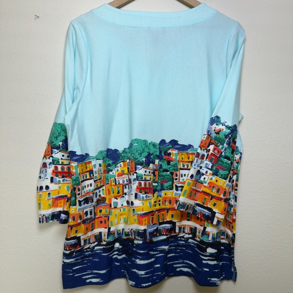 Jones‎ New York Women Novelty Top Large Blue Split Neck Greece Rivier 3/4 Sleeve - Picture 8 of 9